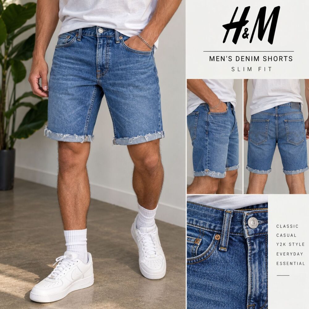 H&M Mens Denim Jorts Shorts 34 Blue Slim Fit Distressed Raw Hem Y2K Streetwear